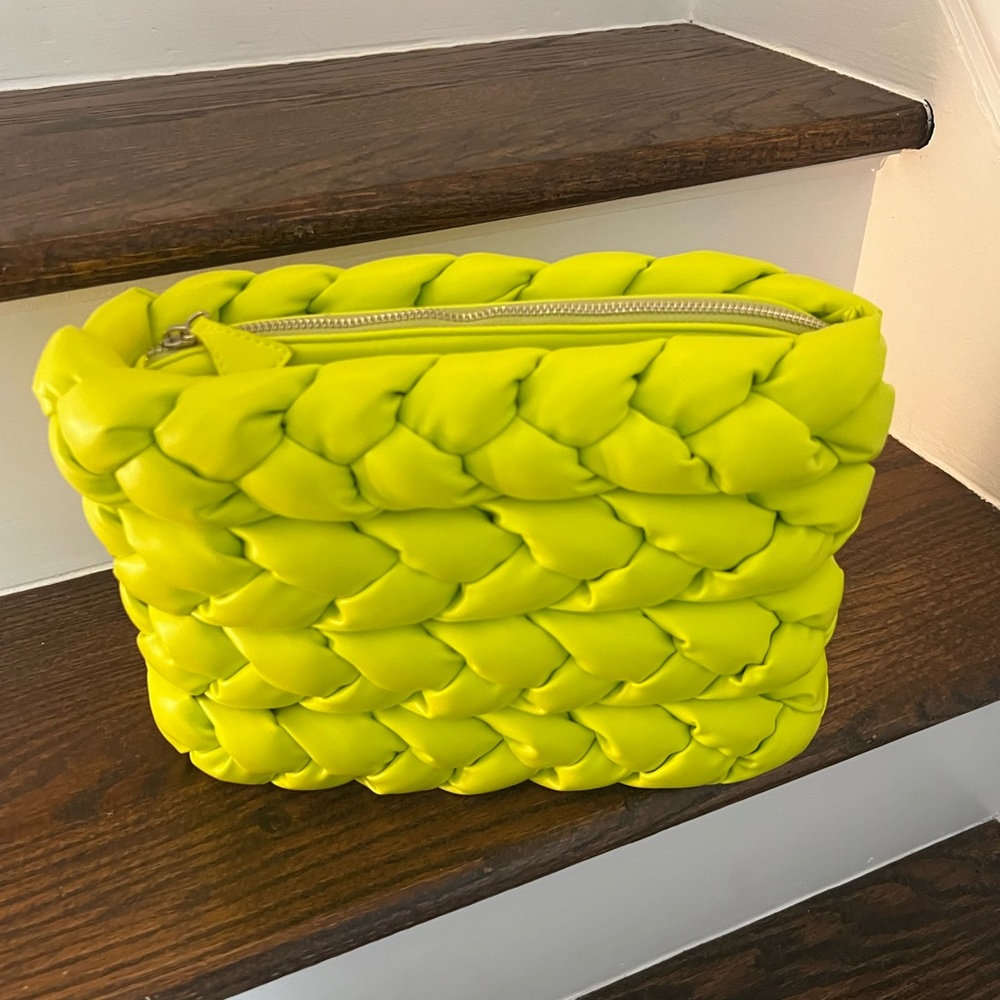 A.W.A.K.E. MODE Lucia Braided Vegan Leather Clutch Yellow Green Neon